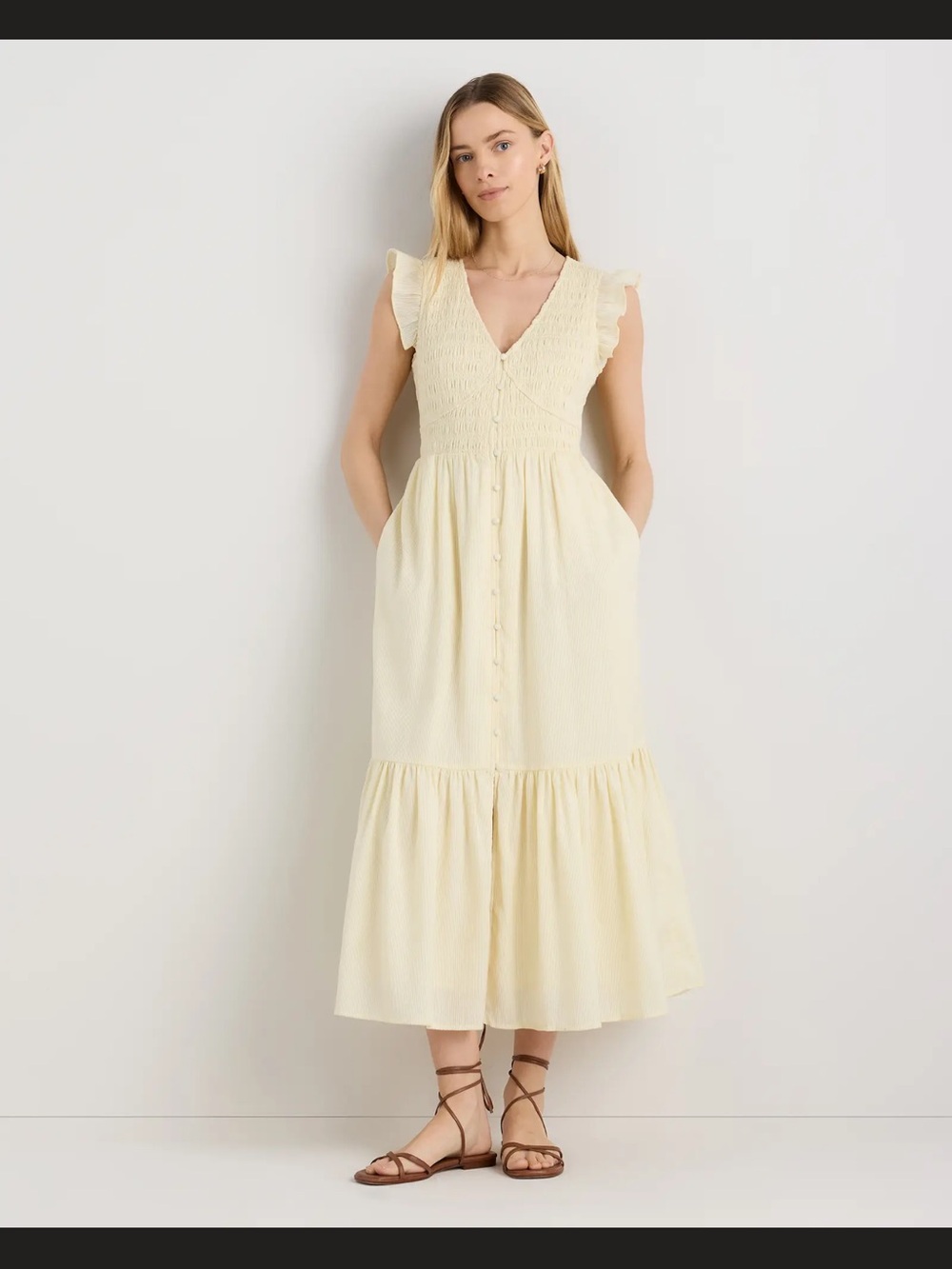 Quince Organic Cotton Smocked V-neck Midi Dress Custard Yellow XS